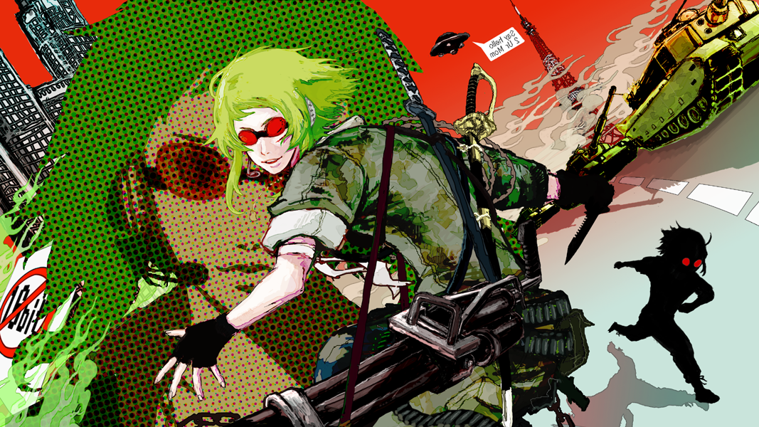 ine, ine (namichidori), gumi, bokura no 16bit warz (vocaloid), vocaloid, vehicle, bad id, bad pixiv id, 1girl, bokura no 16bit sensou (vocaloid), caterpillar tracks, gatling gun, goggles, green hair, gun, katana, knife, military, military uniform, military vehicle, motor vehicle, short hair, smile, sword, tank, tower, ufo, weapon
