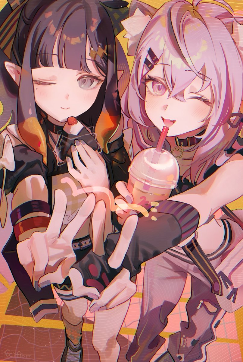 fcjfior, nekomata okayu, ninomae ina'nis, hololive, hololive english, hashtag-only commentary, highres, 2girls, bag, black collar, blunt bangs, closed mouth, collar, crossed bangs, drink, fang, fingerless gloves, food, gloves, gradient hair, hair ornament, hairclip, holding, holding drink, holding food, looking at viewer, midriff, multicolored hair, multiple girls, one eye closed, onigiri, open mouth, parallel hairclips, purple eyes, purple hair, short sleeves, smile, socks, standing, tentacle hair, v