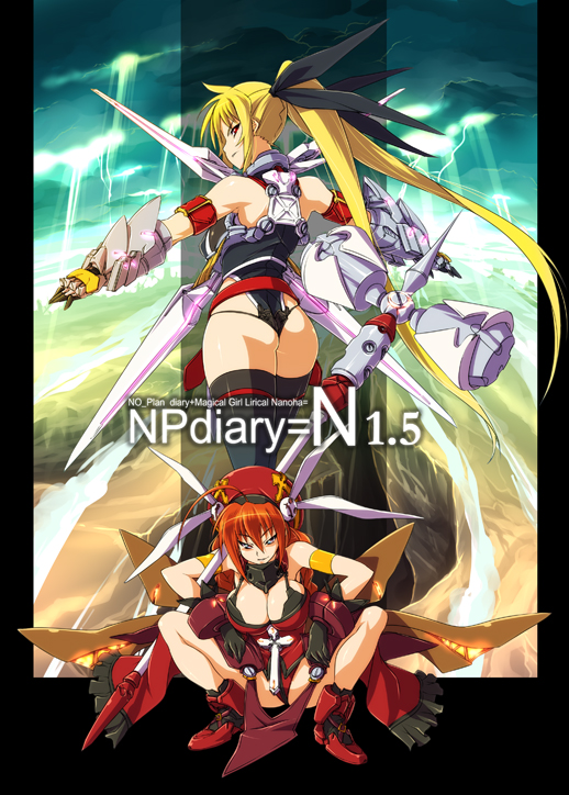 nekomamire, bardiche (nanoha), fate testarossa, graf eisen, vita (nanoha), lyrical nanoha, mahou shoujo lyrical nanoha, mahou shoujo lyrical nanoha strikers, 00s, 2girls, ass, blonde hair, braid, breasts, cleavage, large breasts, multiple girls, red hair, thighhighs, twin braids, twintails