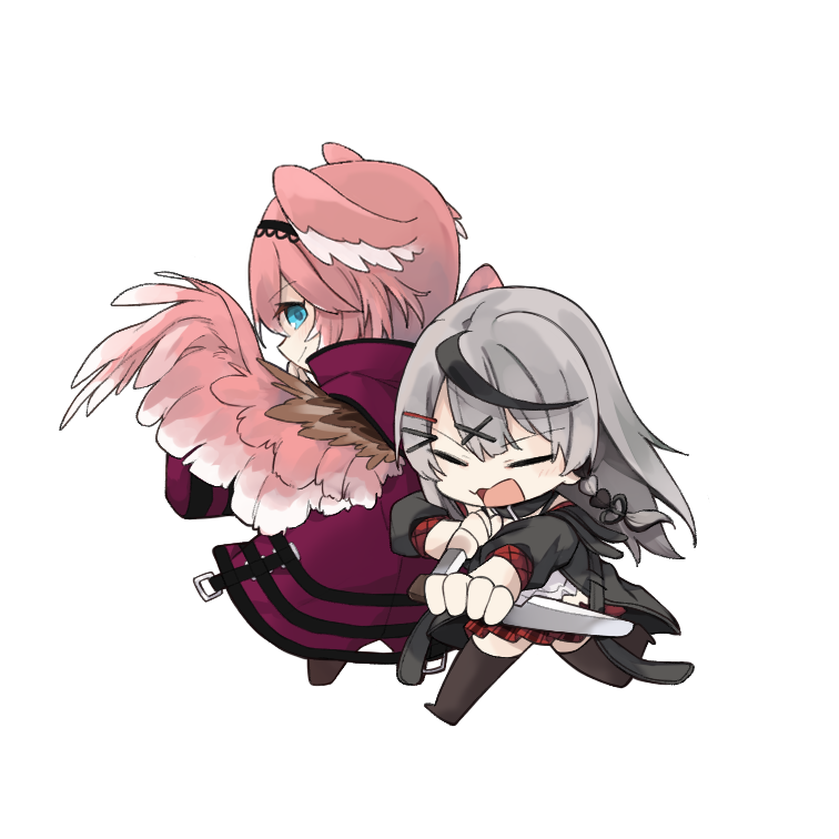 safai, sakamata chloe, sakamata chloe (1st costume), takane lui, takane lui (1st costume), hololive, commentary request, 2girls, back-to-back, black hair, black jacket, black thighhighs, blue eyes, chibi, closed eyes, coat, dress, grey hair, head wings, holding, holding knife, jacket, knife, looking back, multicolored hair, multiple girls, open mouth, pink hair, red coat, simple background, smile, streaked hair, thighhighs, virtual youtuber, white background, white dress, wings