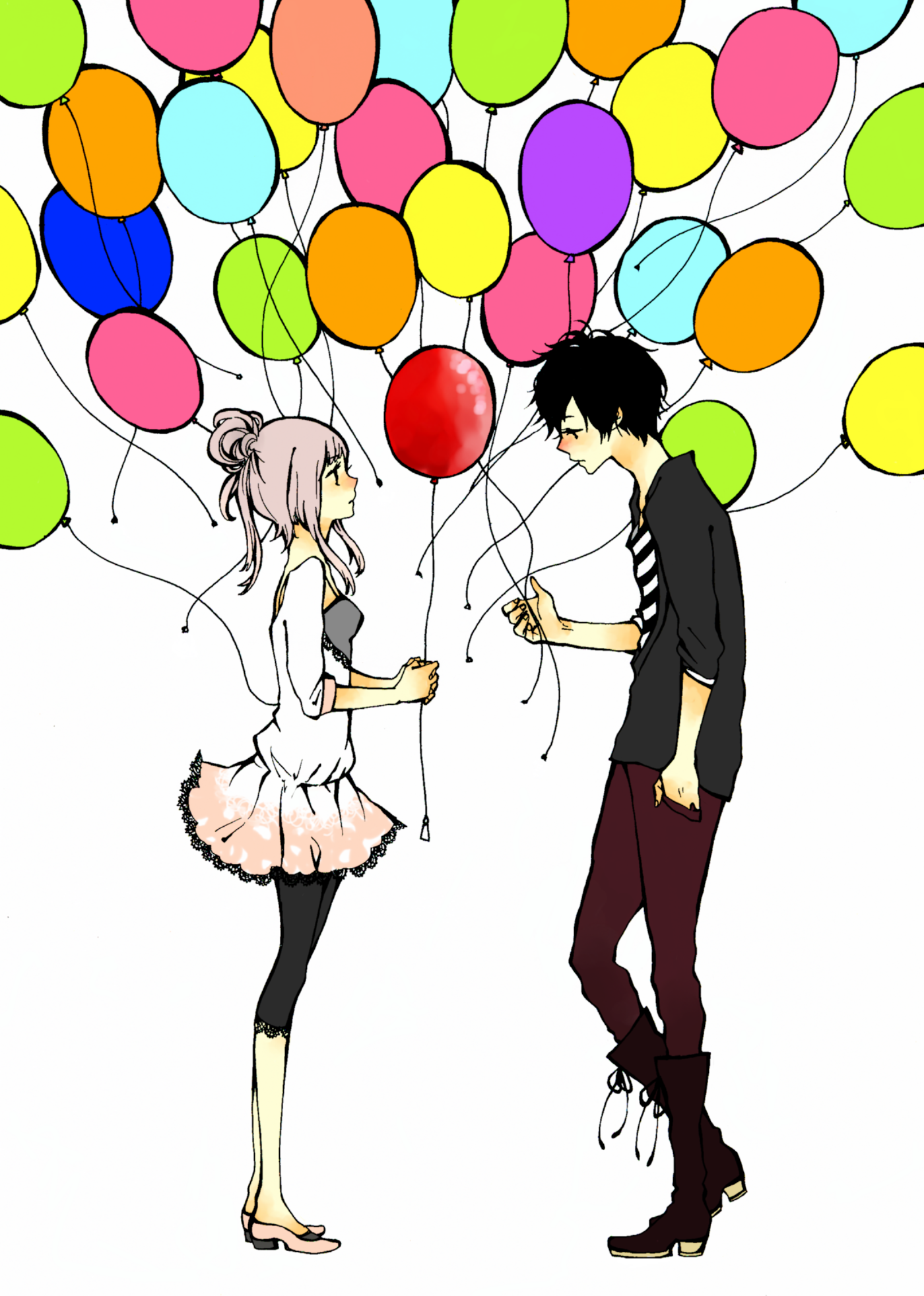 manda (artist), manda (tyomesuke), megurine luka, just be friends (vocaloid), vocaloid, striped, bad id, bad pixiv id, highres, 1boy, 1girl, alternate hairstyle, balloon, black hair, black leggings, blunt bangs, boots, casual, couple, frills, full body, hetero, hime cut, jacket, lace, leggings, long hair, pink hair, short hair, simple background, standing