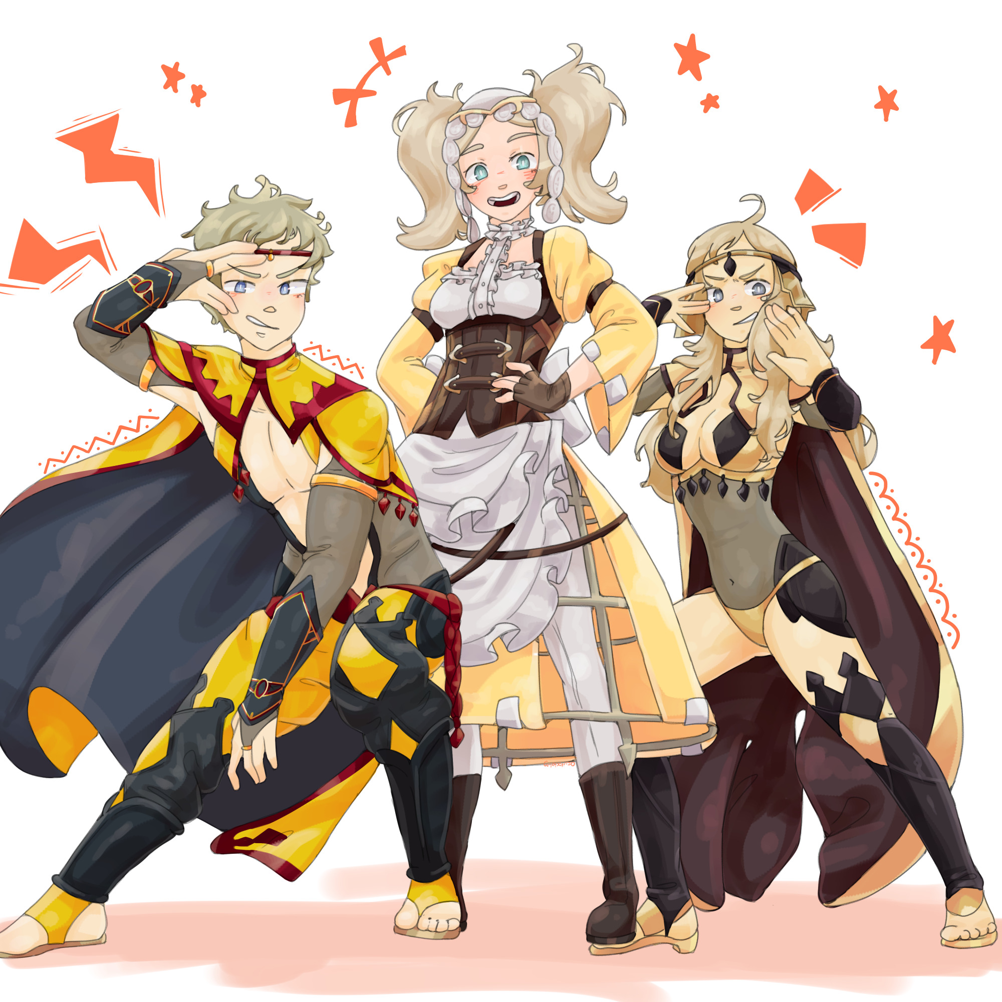occultoctoling, lissa (fire emblem), odin (fire emblem), ophelia (fire emblem), owain (fire emblem), fire emblem, fire emblem awakening, fire emblem fates, fire emblem heroes, nintendo, highres, 1boy, 2girls, black cape, black thighhighs, blonde hair, blue eyes, bodystocking, boots, breasts, bridal gauntlets, brown cape, cape, circlet, cleavage, covered navel, dress, family, father and daughter, fighting stance, fingerless gloves, gloves, grandmother and granddaughter, grey eyes, grin, lightning bolt symbol, long hair, medium breasts, mother and son, multiple girls, navel, open-toe shoes, open mouth, panties, pants, shadow, short hair, smile, star (symbol), teeth, thighhighs, time paradox, twintails, two-sided fabric, two-tone cape, underwear, white background, white pants, yellow cape, yellow dress, yellow panties
