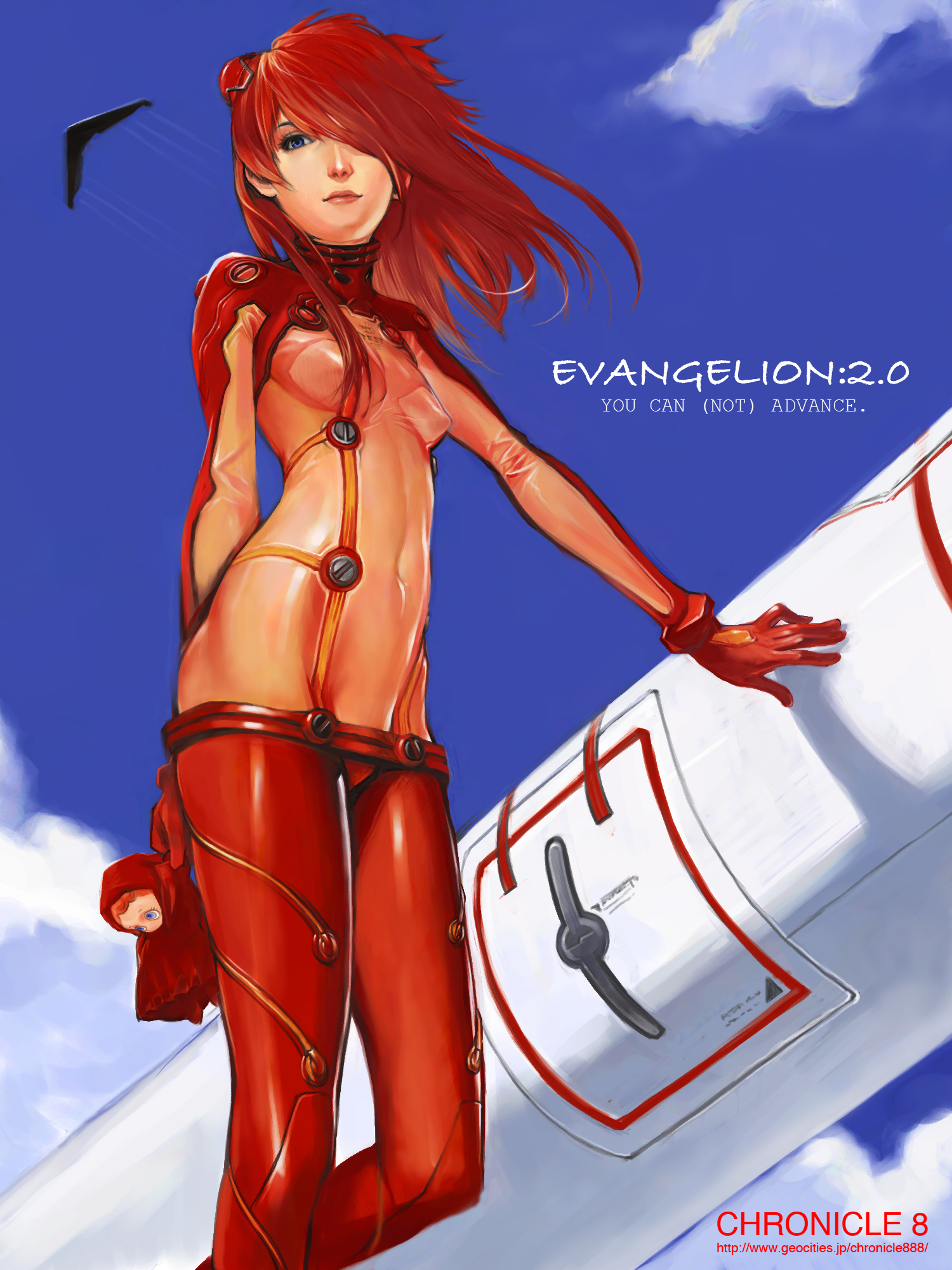 kiyohisa, souryuu asuka langley, evangelion: 2.0 you can (not) advance, neon genesis evangelion, rebuild of evangelion, highres, 00s, 1girl, aircraft, airplane, blue eyes, bodysuit, breasts, cleavage, day, doll, entry plug, female focus, from below, hair over one eye, mecha pilot suit, multicolored bodysuit, outdoors, plugsuit (evangelion), realistic, red hair, see-through cleavage, see-through clothes, sky, solo, standing, test plugsuit (evangelion), two-tone bodysuit