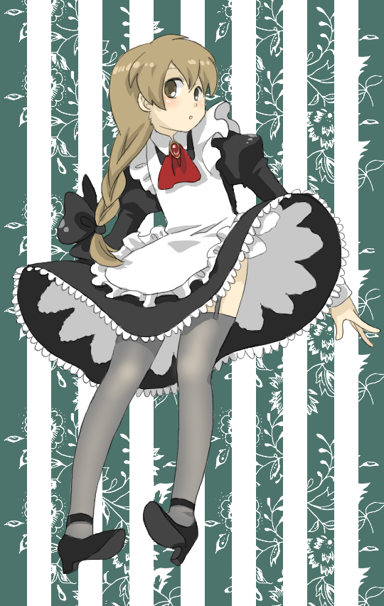 natsume (menthol), nishikura akeru, kyouran kazoku nikki, bad id, bad pixiv id, 00s, apron, bow, braid, brown eyes, brown hair, crossdressing, crossdressing (mtf), garter straps, hair bow, high heels, long hair, maid, maid apron, male focus, male maid, shoes, solo, thighhighs, trap, zettai ryouiki