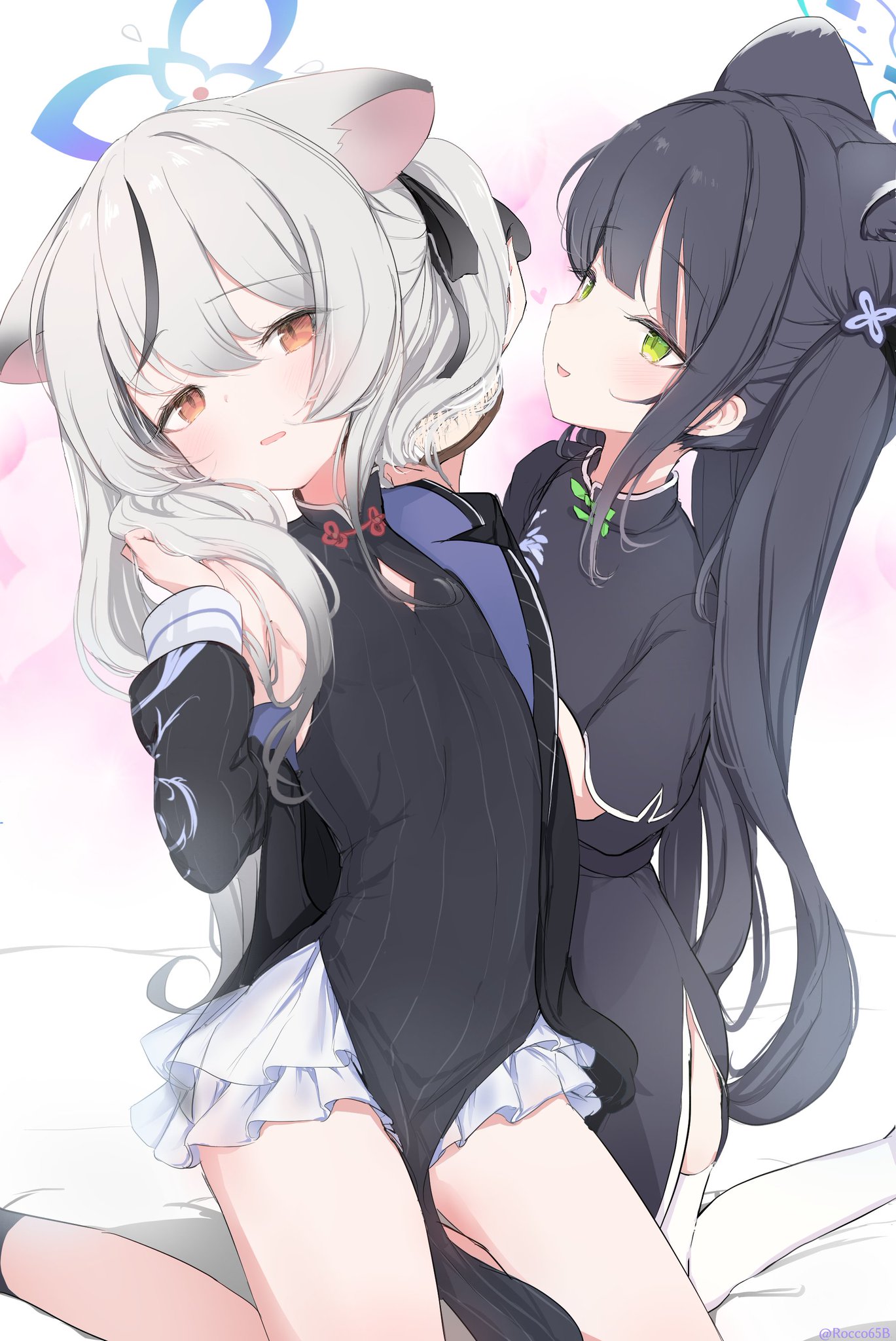 sakurano rocco, kokona (blue archive), shun (blue archive), shun (small) (blue archive), blue archive, 2girls, animal ears, black hair, grabbing own hair, grey hair, halo, holding own hair, multiple girls, socks, white socks