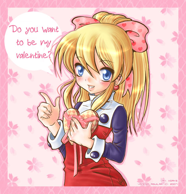 roll (mega man), capcom, mega man (classic), mega man (series), blush, bow, english text, heart, ponytail, solo, valentine