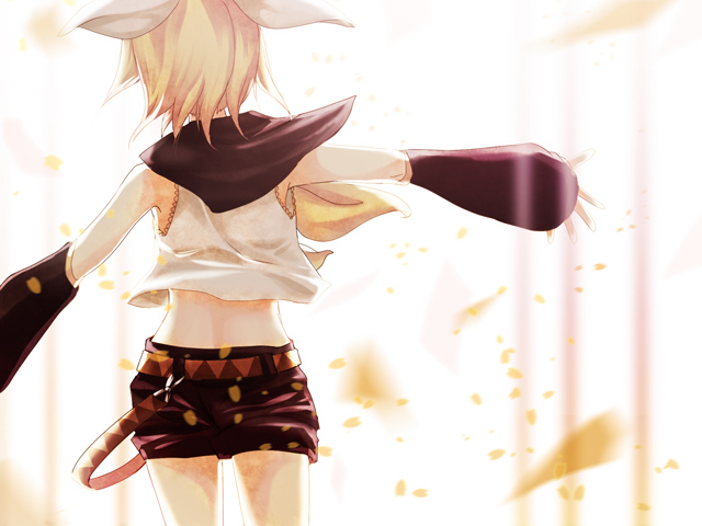 soriku, kagamine rin, vocaloid, bad id, bad pixiv id, 1girl, blonde hair, cowboy shot, falling leaves, female focus, from behind, hair ribbon, leaf, midriff, ribbon, short hair, shorts, solo, white background