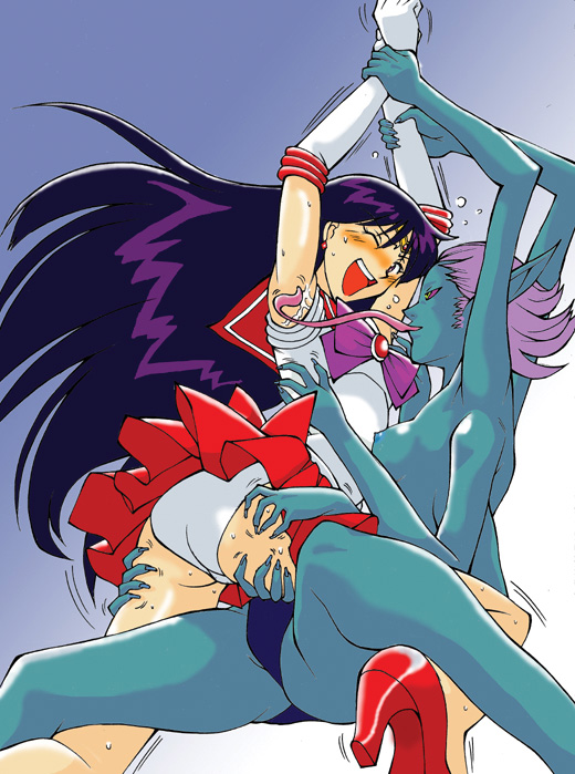 tickleague, hino rei, sailor mars, bishoujo senshi sailor moon, multiple hands, 1990s (style), 2girls, armpits, blush, breasts, licking, licking armpit, long hair, monster, multiple girls, panties, purple hair, retro artstyle, tickling, tongue, underwear, yuri