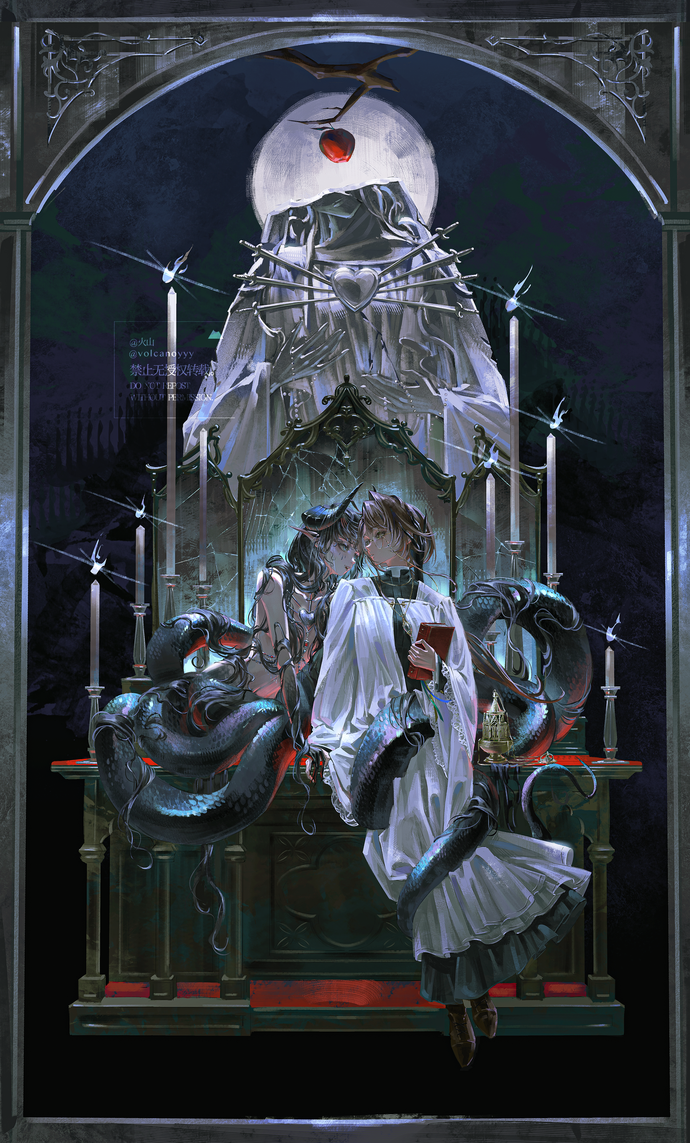 volcanoyyy, isolde (reverse:1999), kakania (reverse:1999), reverse:1999, absurdres, chinese commentary, commentary request, highres, 2girls, apple, artist name, black hair, blue eyes, book, broken mirror, brown hair, brown shoes, candle, claws, curled horns, dress, eye contact, eyewear strap, fang, food, fruit, glass, holding, holding book, horns, jewelry, lamia, long hair, looking at another, mirror, monster girl, multiple girls, necklace, parted lips, pointy ears, round eyewear, shoes, statue, tail, tail around another's leg, tail wrap, very long hair, watermark, white dress, yellow eyes