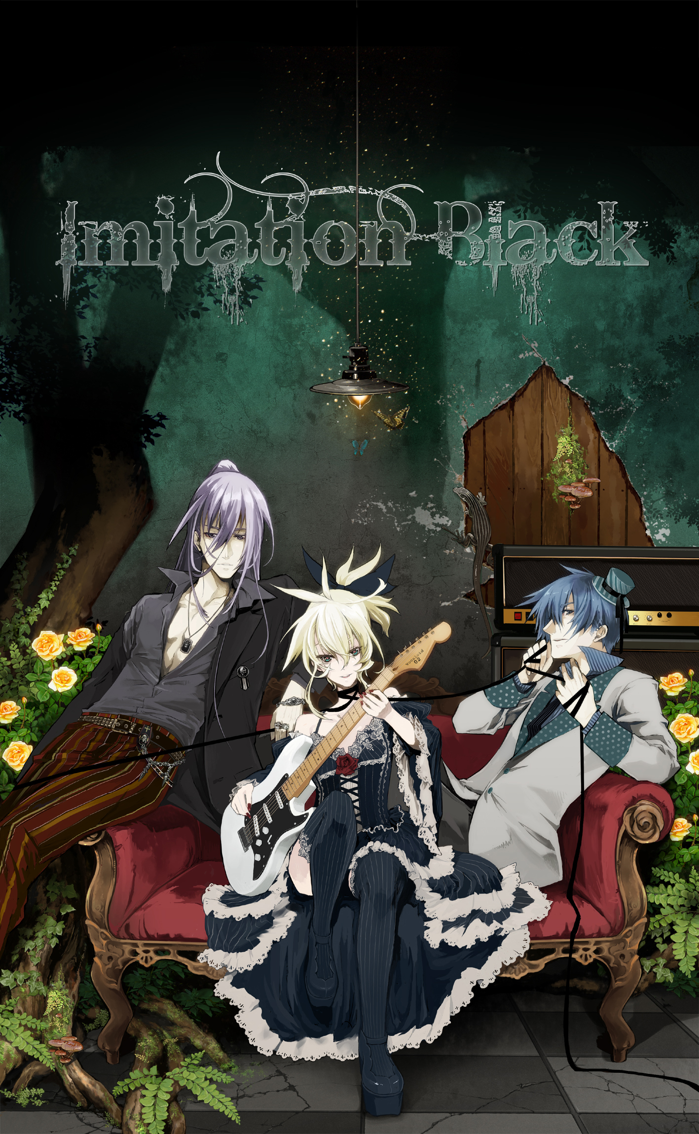 shizumi satou, siskin, kagamine len, kaito (vocaloid), kamui gakupo, imitation black (vocaloid), vocaloid, bad id, bad pixiv id, highres, 3boys, blonde hair, blue eyes, blue hair, bug, butterfly, couch, crossdressing, crossdressing (mtf), dress, flower, guitar, hair ribbon, hat, holding, holding guitar, holding instrument, insect, instrument, jewelry, lamp, long hair, male focus, mini hat, mini top hat, multiple boys, mushroom, nail polish, necklace, ponytail, purple hair, red nails, ribbon, rose, shoes, short hair, strat (guitar), thighhighs, top hat, trap
