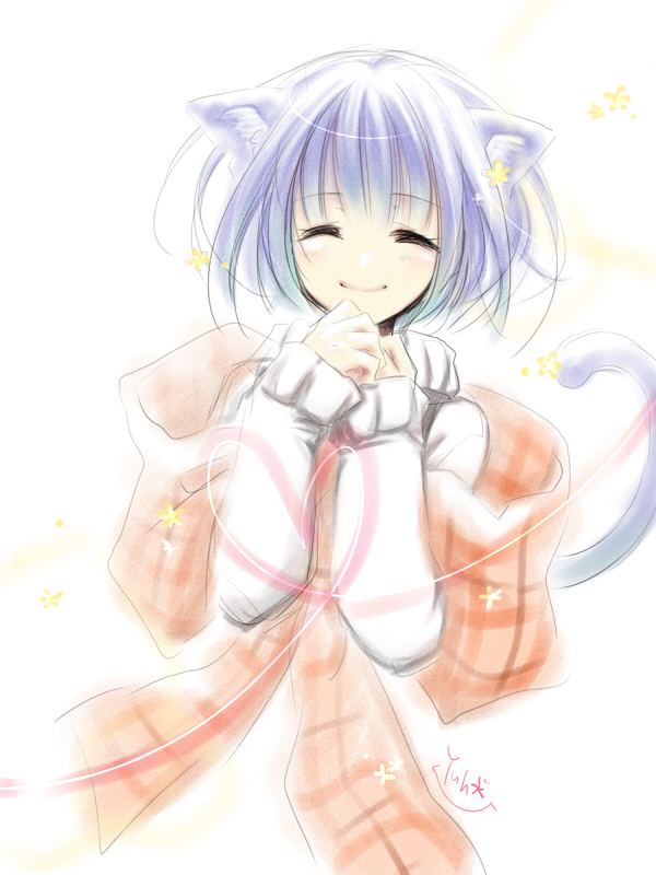 yuh, misaka shiori, kanon, animal ears, blue hair, cat ears, cat tail, closed eyes, shawl, short hair, solo, tail
