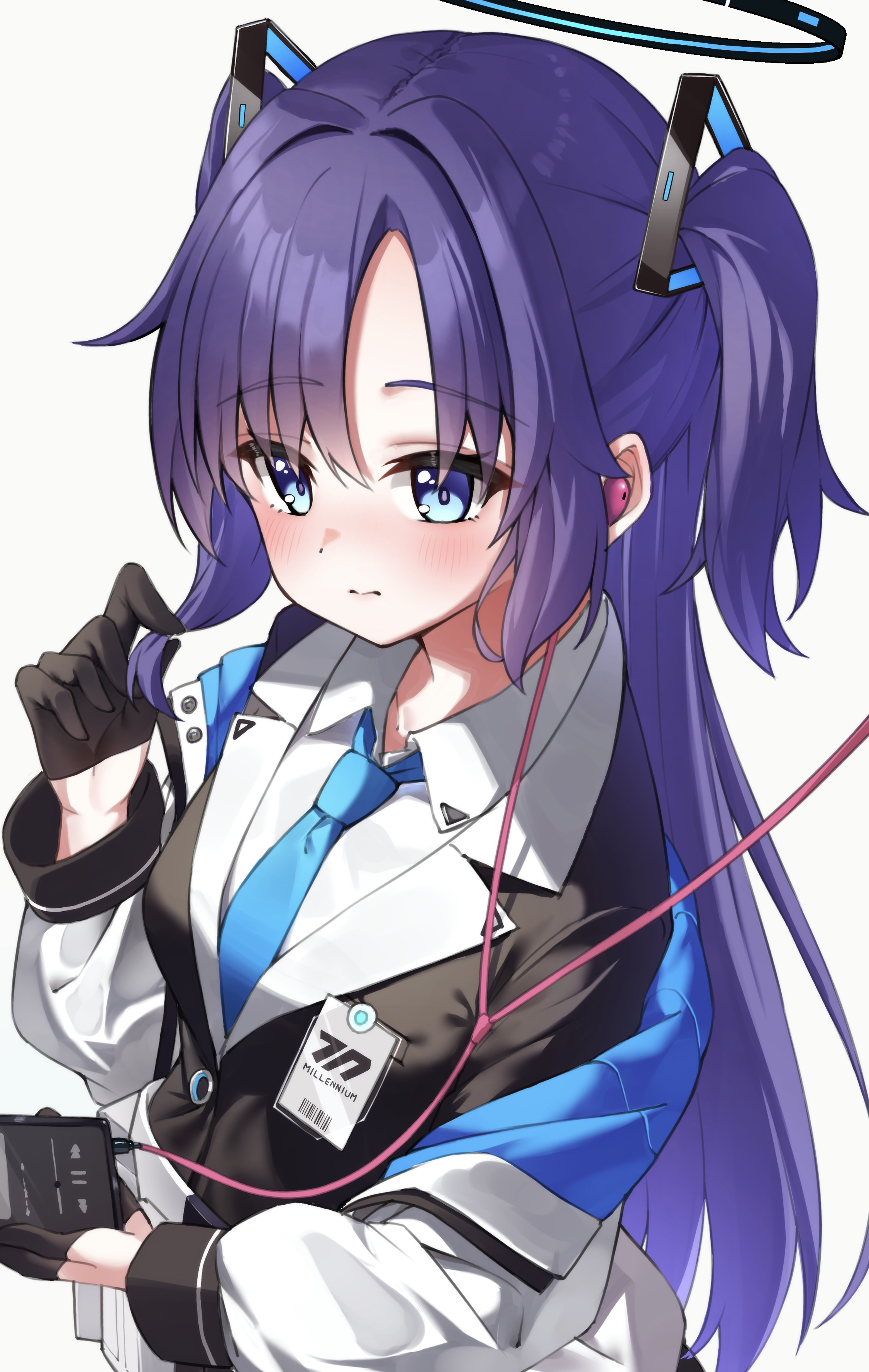 timtim (tim99292), yuuka (blue archive), blue archive, absurdres, highres, 1girl, black gloves, blue necktie, blush, cellphone, closed mouth, collared shirt, earphones, formal clothes, gloves, grey background, hair between eyes, hair ornament, half gloves, halo, headgear, holding, holding phone, id card, jacket, long hair, long sleeves, mechanical halo, necktie, phone, purple hair, shared earphones, shirt, simple background, skirt, skirt suit, smartphone, suit, triangle hair ornament, two side up, very long hair, white jacket, white shirt