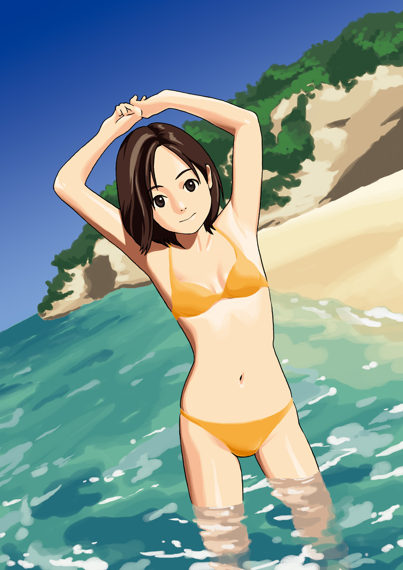 ranmaru, original, 1girl, arms up, beach, bikini, brown eyes, brown hair, day, female focus, short hair, solo, swimsuit, wading, water, yellow bikini