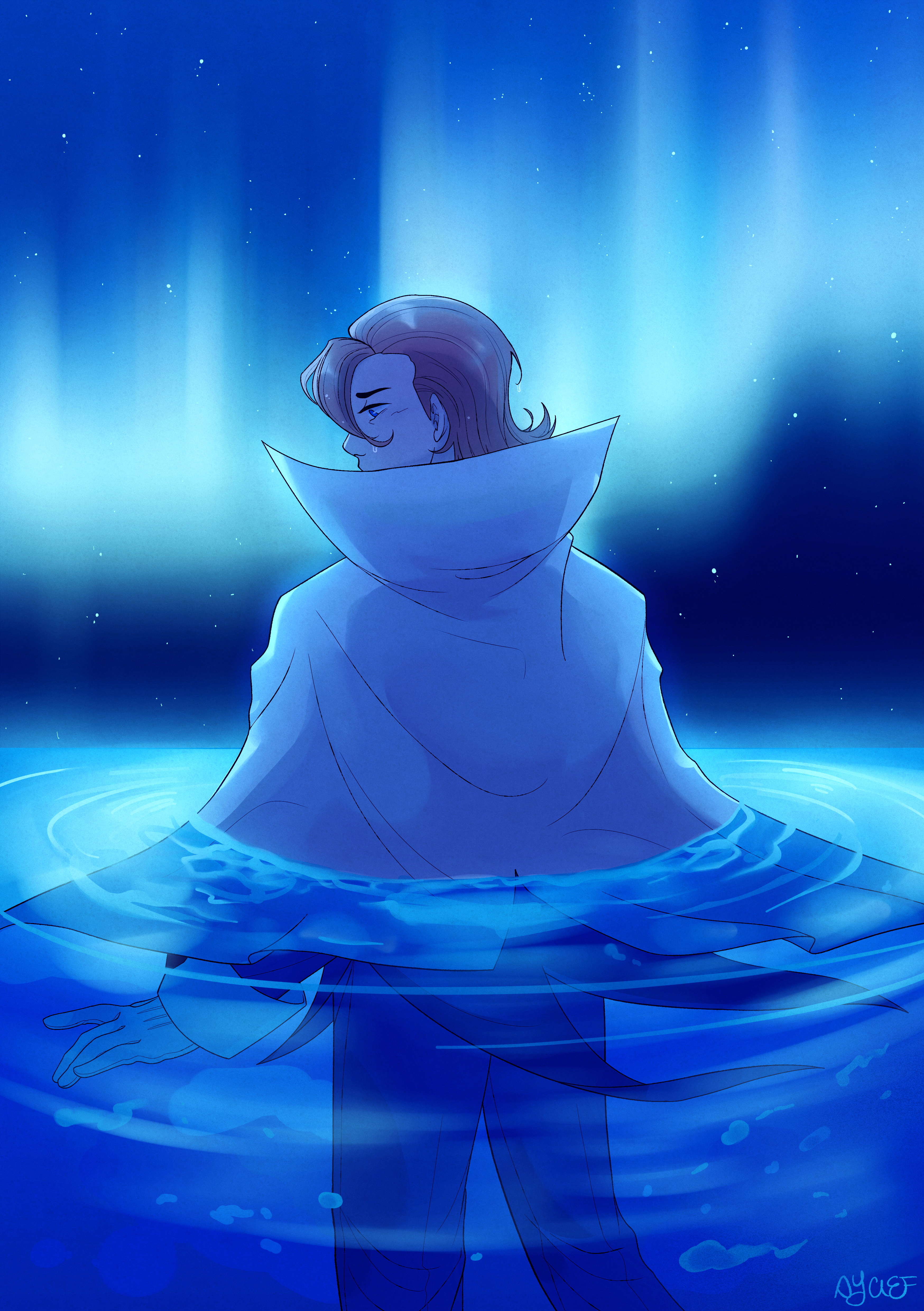 si (aycief), eusine (pokemon), nintendo, pokemon, pokemon hgss, absurdres, highres, 1boy, aurora, blue theme, brown hair, cape, from behind, gloves, male focus, night, night sky, partially submerged, signature, sky, solo, star (sky), wet, white cape, white gloves