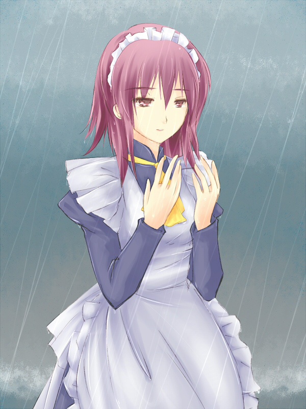 piku, wilhelmina carmel, shakugan no shana, 00s, 1girl, apron, female focus, hands up, headdress, long sleeves, maid, maid apron, maid headdress, outdoors, purple eyes, purple hair, rain, red eyes, short hair, solo, wet
