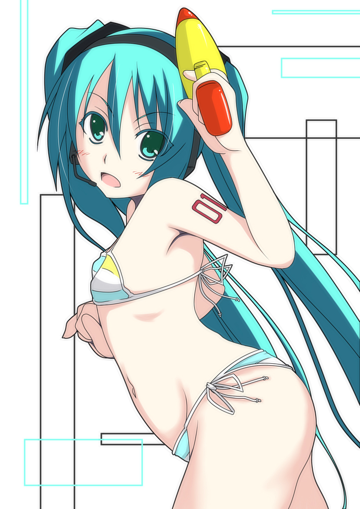 sawa (teaesk), teaesk, hatsune miku, project diva, project diva (series), vocaloid, bad id, bad pixiv id, 1girl, aqua eyes, aqua hair, bikini, female focus, flat chest, headphones, headset, long hair, necktie, side-tie bikini bottom, solo, swimsuit, twintails, very long hair, water gun