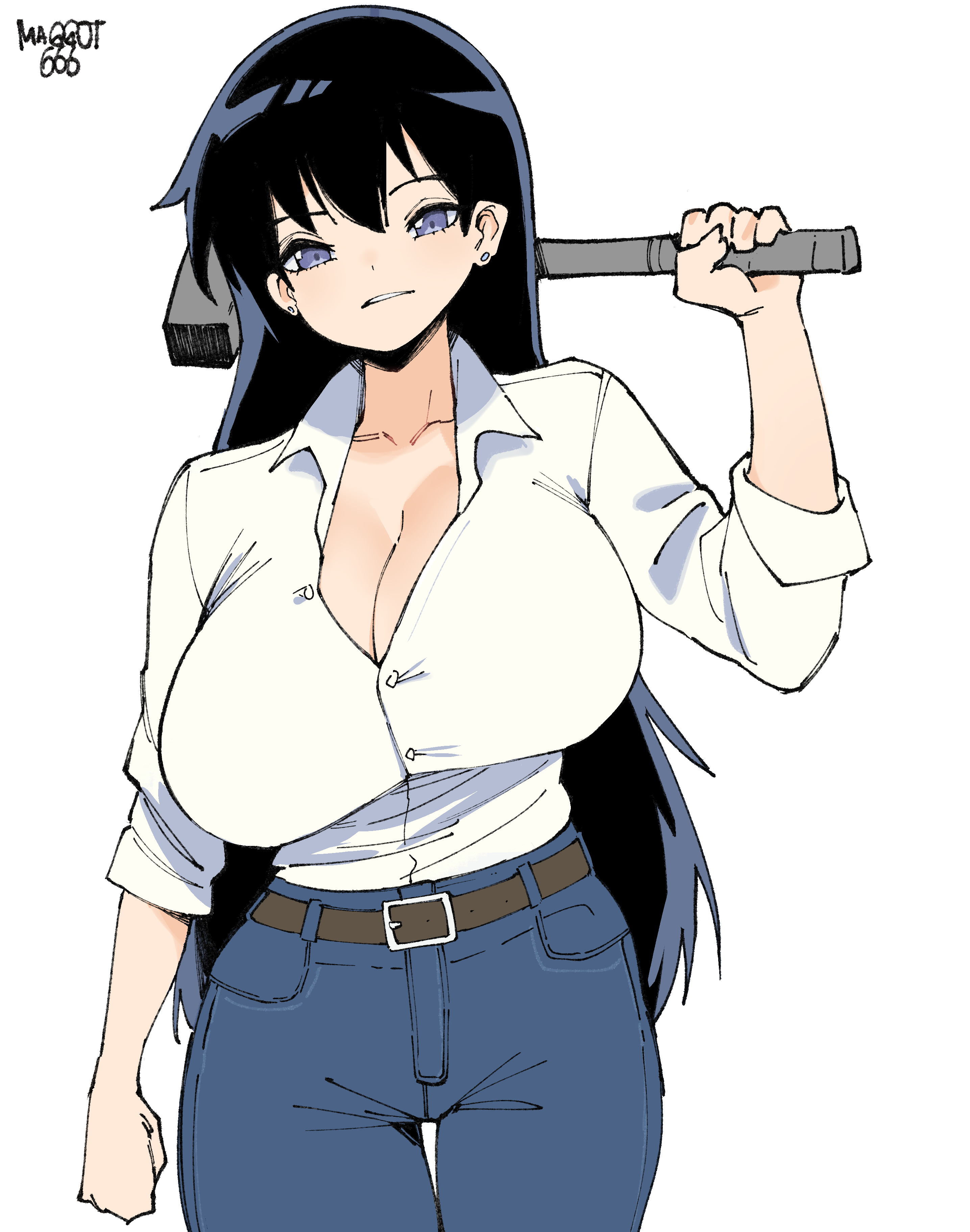 norman maggot, arato nagi, ruri no houseki, absurdres, commentary, highres, symbol-only commentary, 1girl, artist name, belt, black hair, blue pants, breasts, brown belt, cleavage, hammer, holding, holding hammer, large breasts, long hair, looking at viewer, pants, purple eyes, shirt, simple background, sleeves rolled up, solo, white background, white shirt