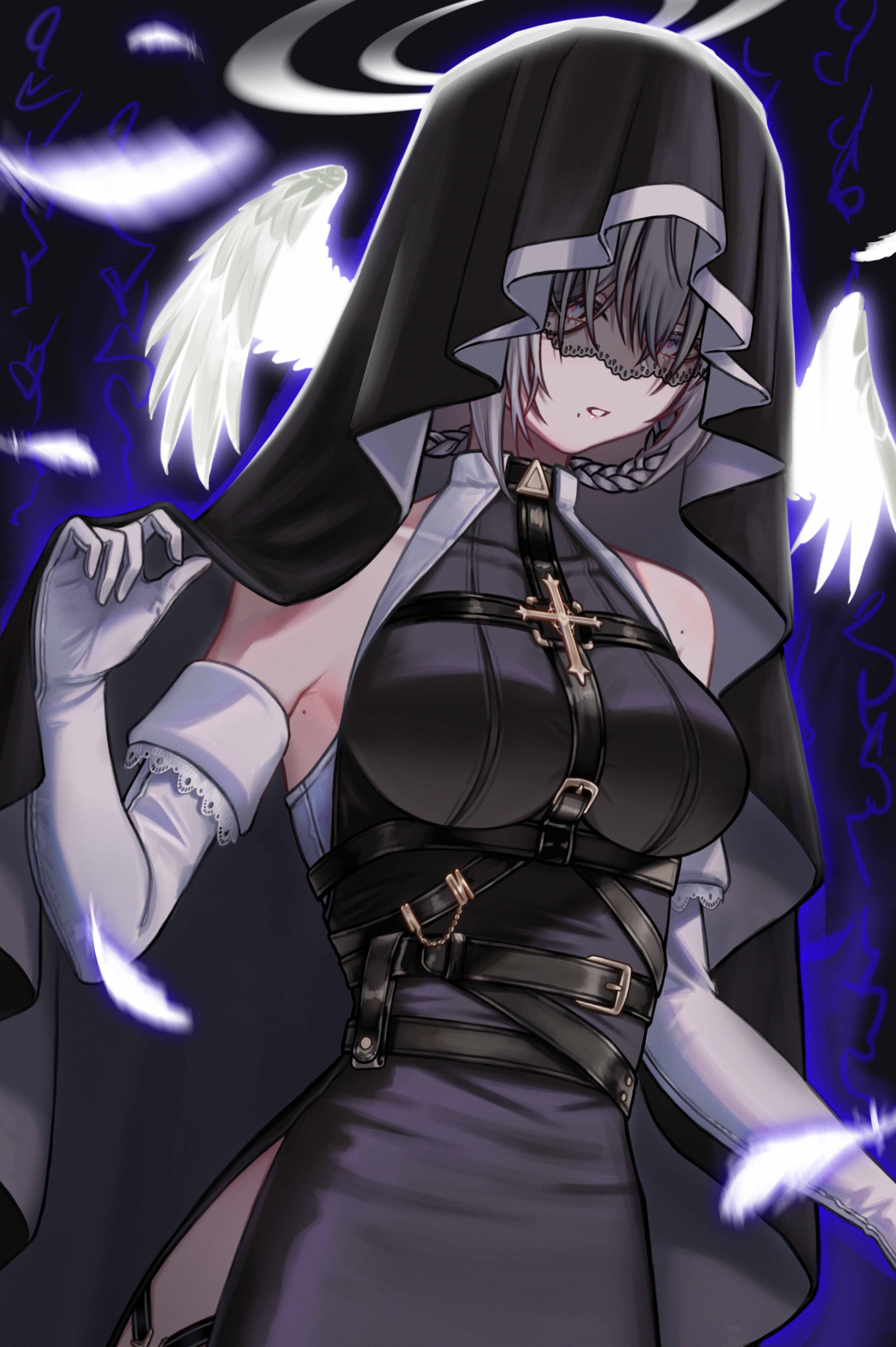 rau ma (the rauma001), original, absurdres, highres, breasts, closed mouth, feathers, gloves, grey hair, halo, head wings, large breasts, no bra, nun, veil, white gloves, wings