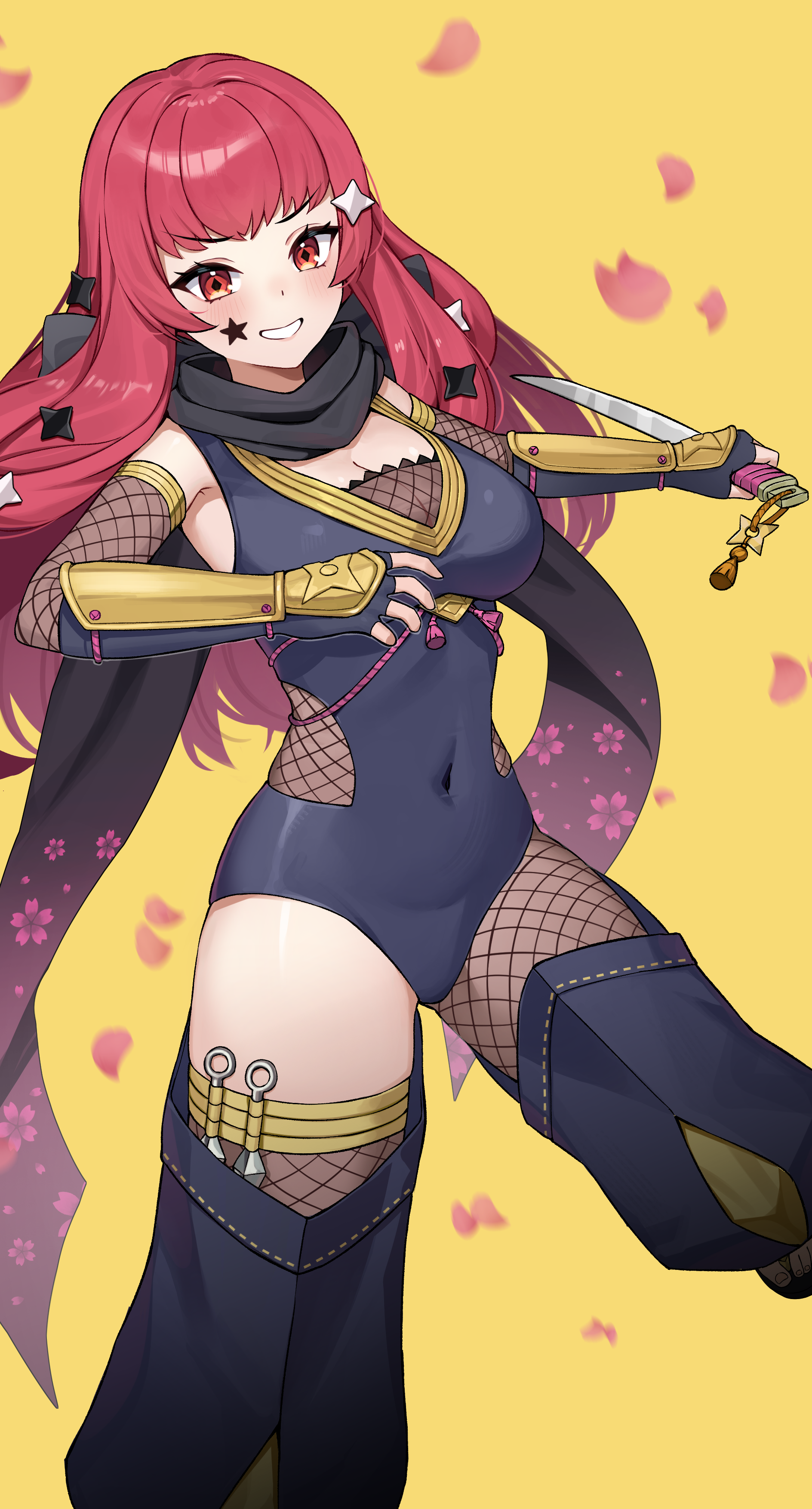 iffyru, yunaka (fire emblem), yunaka (stealthy imitator) (fire emblem), fire emblem, fire emblem engage, fire emblem heroes, nintendo, absurdres, commission, commissioner upload, highres, non-web source, vgen commission, 1girl, asymmetrical legwear, black scarf, bodystocking, breasts, cleavage, facial mark, fishnet bodystocking, fishnet thighhighs, fishnets, gradient scarf, grin, japanese clothes, large breasts, long hair, ninja, official alternate costume, red eyes, red hair, scarf, shuriken hair ornament, skindentation, smile, solo, star (symbol), star facial mark, thick thighs, thighhighs, thighs, yellow background