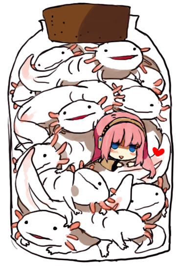 starshadowmagician, megurine luka, vocaloid, 1girl, axolotl, blue eyes, bottle, chibi, headphones, heart, in bottle, in container, jar, long hair, mini person, minigirl, odd one out, salamander, simple background, what