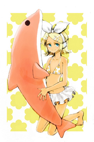 kiri (kirineko), kagamine rin, project diva, project diva (series), vocaloid, bad id, bad pixiv id, 1girl, barefoot, bikini, blonde hair, blue eyes, dolphin, female focus, hair ornament, hair ribbon, hairclip, headphones, kneeling, polka dot, polka dot bikini, polka dot swimsuit, ribbon, short hair, smile, solo, swimsuit, yellow bikini
