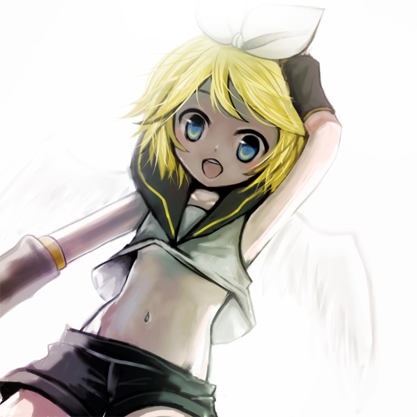 r (artist), kagamine rin, vocaloid, bad id, bad pixiv id, 1girl, blonde hair, blue eyes, female focus, hair ribbon, midriff, navel, ribbon, short hair, simple background, smile, solo, white background