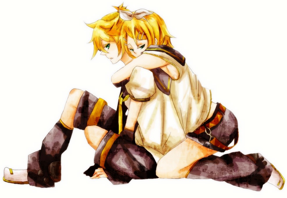 mico (pixiv818882), kagamine len, kagamine rin, vocaloid, bad id, bad pixiv id, 1boy, 1girl, aqua eyes, blonde hair, brother and sister, hair ornament, hair ribbon, hairclip, hetero, hug, ribbon, short hair, shorts, siblings, sitting, twins