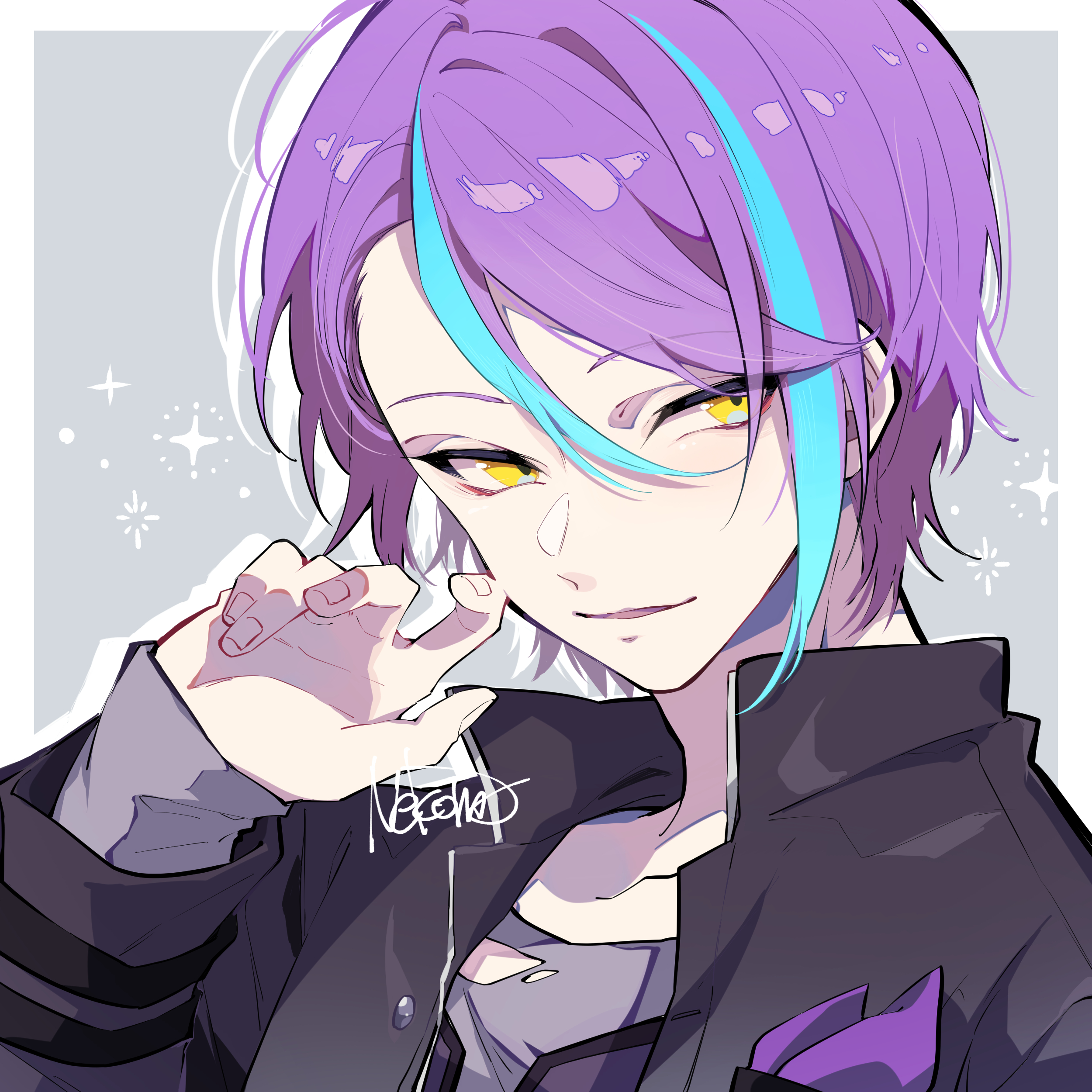nekoma hikaru, kamishiro rui, project sekai, absurdres, commentary request, commission, highres, pixiv commission, 1boy, black jacket, border, fingernails, hair between eyes, jacket, long sleeves, looking at viewer, male focus, multicolored hair, parted lips, purple hair, short hair, solo, streaked hair, white border, yellow eyes