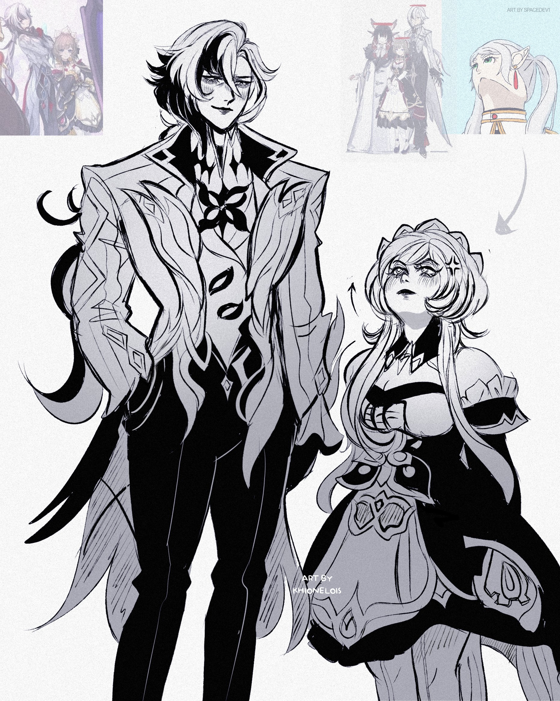 khionelois, arlecchino (genshin impact), sandrone (genshin impact), genshin impact, sousou no frieren, highres, 2girls, androgynous, bare shoulders, dress, meme, monochrome, multiple girls, reference inset, smile, standing, upward angle frieren drawing (meme)