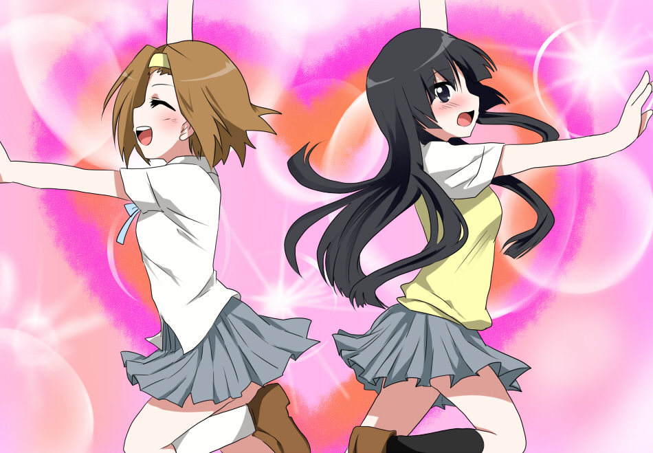 marimo danshaku, akiyama mio, tainaka ritsu, k-on!, bad id, bad pixiv id, 00s, 2girls, back-to-back, black eyes, black hair, blush, brown hair, closed eyes, dancing, multiple girls, school uniform, short hair