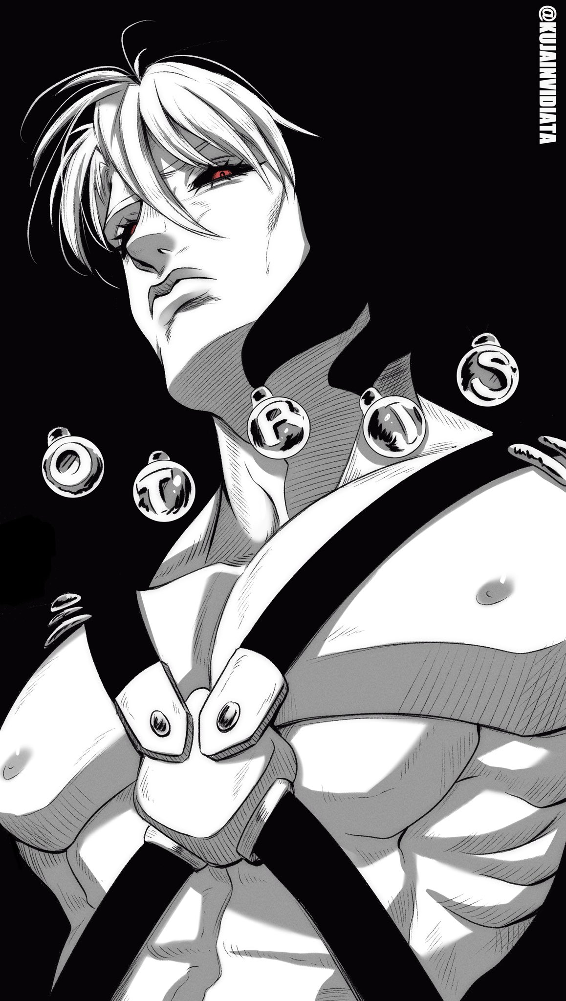 risotto nero, jojo no kimyou na bouken, vento aureo, commentary, english commentary, highres, 1boy, abs, bare pectorals, black background, black sclera, blending, chest harness, colored sclera, greyscale, harness, hatching (texture), hood, hood up, kujaarts, looking at viewer, looking down, male focus, meme, monochrome, muscular, muscular male, nipples, o-ring, pectorals, red eyes, solo, spot color, upper body, upward angle frieren drawing (meme)