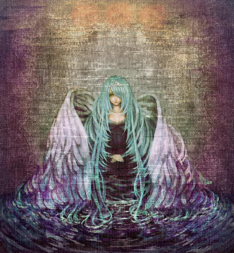 ichou, hatsune miku, vocaloid, bad id, bad pixiv id, 1girl, angel wings, aqua eyes, aqua hair, black dress, dress, female focus, hair over one eye, long hair, solo, very long hair, wings
