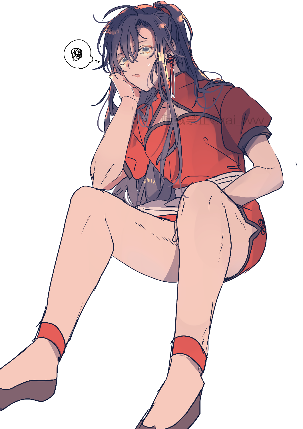 amana raika, wei wuxian, modao zushi, highres, 1boy, ahoge, alternate costume, androgynous, apron, black hair, black shoes, china dress, chinese clothes, cleavage cutout, closed mouth, clothing cutout, crossdressing, crossdressing (mtf), dress, earrings, girly boy, grey eyes, hand on own cheek, hand on own face, head rest, jewelry, long hair, looking at viewer, male focus, open mouth, ponytail, red dress, shoes, short dress, short sleeves, sidelocks, simple background, sitting, solo, spoken squiggle, spread legs, squiggle, sweat, tassel, tassel earrings, twitter username, waist apron, watermark, white apron, white background