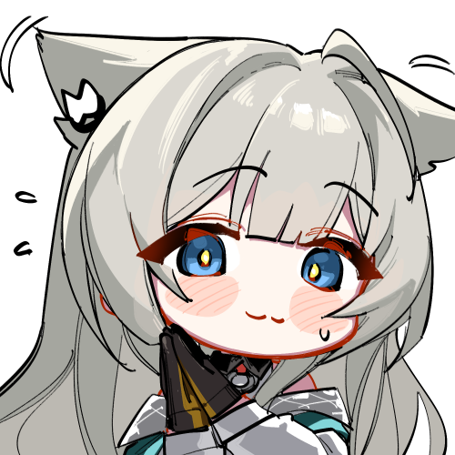 kinbakuman, perlica (arknights), arknights, arknights: endfield, commentary, lowres, 1girl, :3, ahoge, animal ears, bird ears, bird girl, black gloves, blue eyes, blush stickers, chibi, flying sweatdrops, gloves, grey hair, hair intakes, long hair, looking at viewer, off shoulder, own hands together, simple background, solo, sweatdrop, upper body, white background, yellow pupils