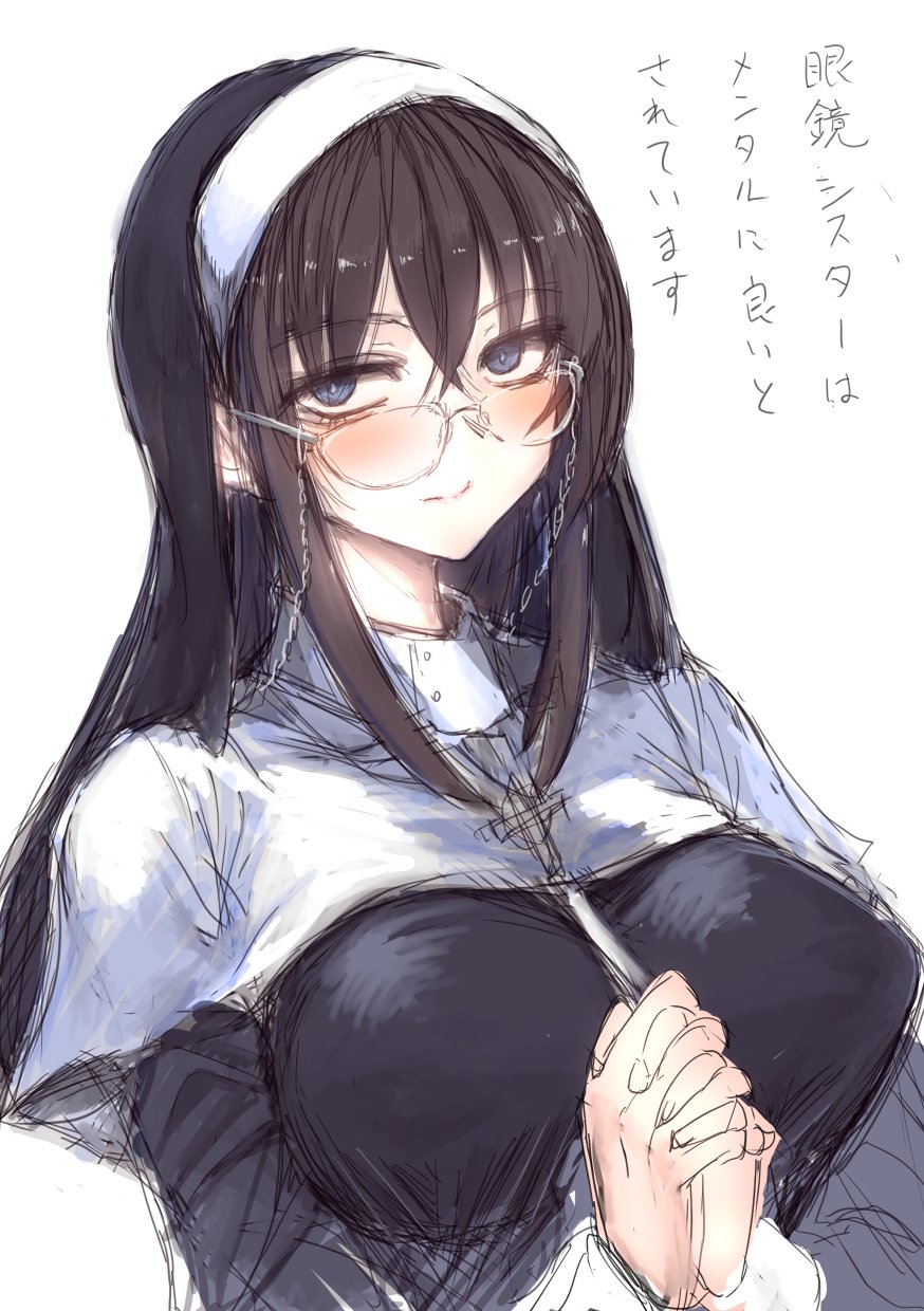 original, highres, blue eyes, breasts, brown hair, glasses, large breasts, long hair, looking at viewer, nun, praying, shion203, white background