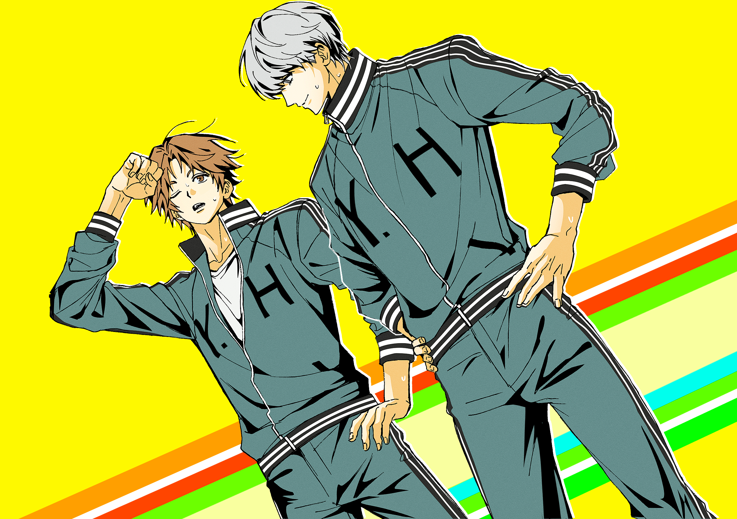 hanamura yousuke, narukami yu, persona, persona 4, highres, 2boys, arm up, brown eyes, brown hair, collarbone, grey hair, gym uniform, hands on own hips, long sleeves, looking at another, male focus, multiple boys, one eye closed, open mouth, sa1meunegg, shirt, short hair, smile, white shirt, yellow background