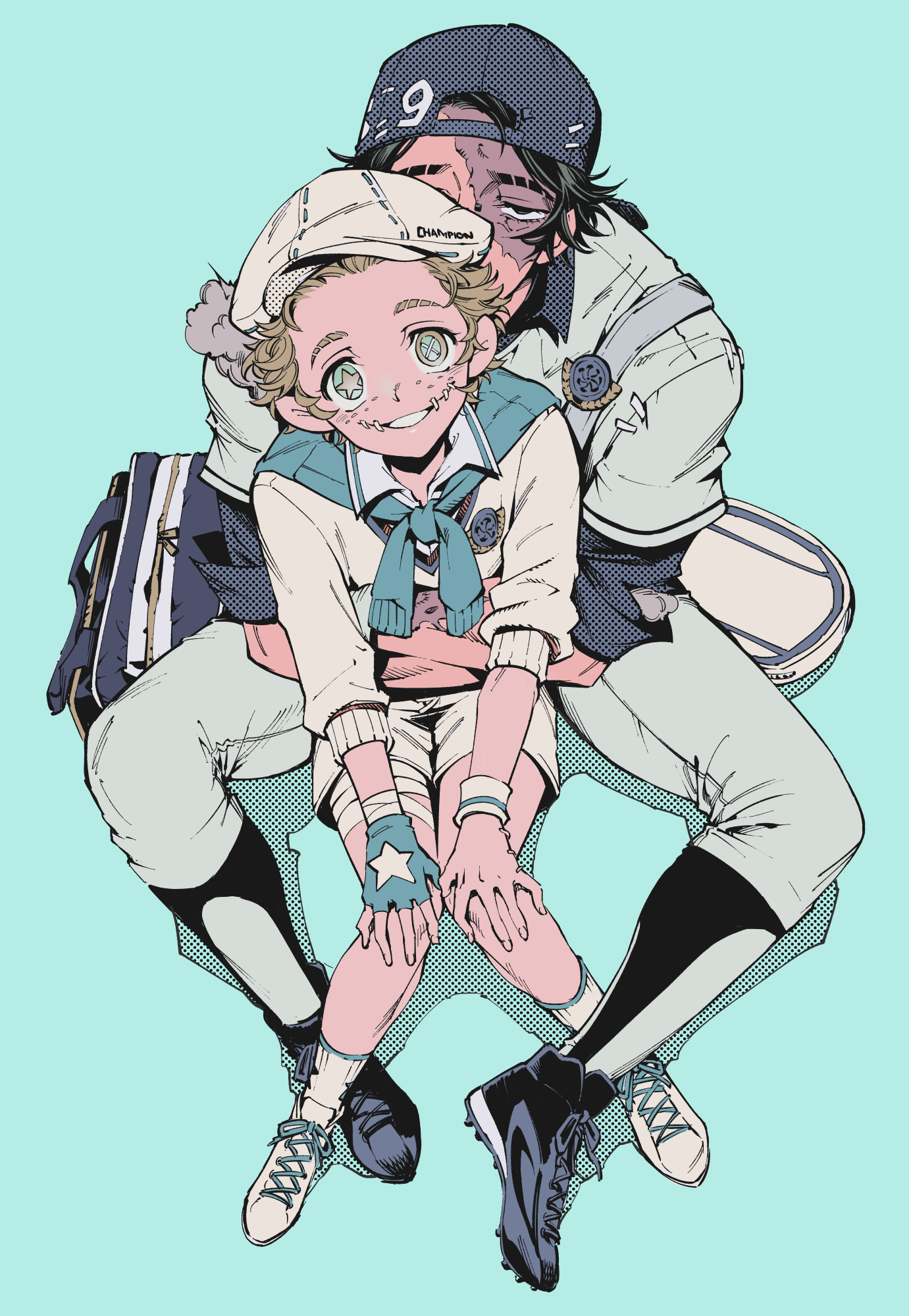 yousuke (yosk), mike morton, mike morton (ace), norton campbell, norton campbell (wild pitch), identity v, highres, 2boys, aqua background, aqua eyes, arms around waist, backwards hat, bandaged leg, bandaged wrist, bandages, baseball cap, black eyes, black hair, black shoes, blonde hair, blue hat, covered mouth, cross-shaped pupils, fingerless gloves, flat cap, forehead, freckles, full body, gloves, grin, hat, head tilt, kneehighs, knees together feet apart, layered sleeves, long sleeves, looking at viewer, male focus, multiple boys, official alternate costume, pants, sanpaku, scar, scar across eye, scar on face, shirt, shoes, short hair, short over long sleeves, short sleeves, shorts, single glove, sitting, sitting on lap, sitting on person, smile, sneakers, socks, star-shaped pupils, star (symbol), stitched mouth, stitches, sweater, sweater around neck, symbol-shaped pupils, three-quarter sleeves, white hat, white pants, white shirt, white shorts, white socks, white sweater, wristband, yaoi, yellow pupils