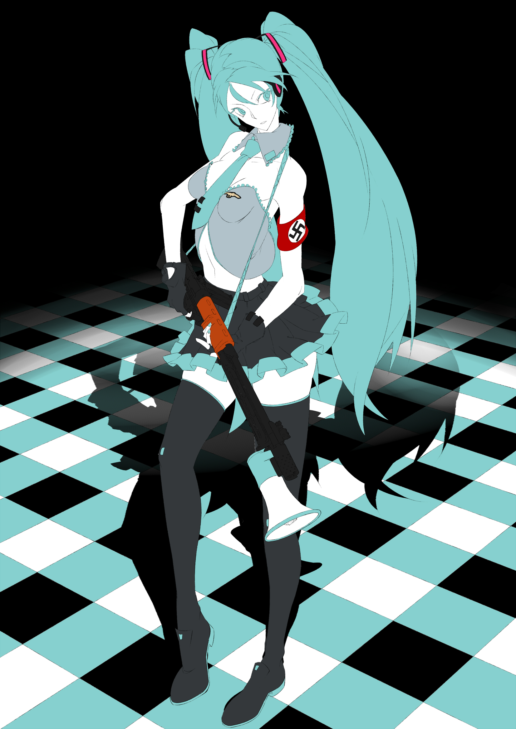 bthx, hatsune miku, koi wa sensou (vocaloid), vocaloid, bad id, bad pixiv id, highres, 1girl, aqua eyes, aqua hair, armband, detached sleeves, female focus, flat color, gun, headphones, headset, long hair, megaphone, midriff, navel, nazi, necktie, rifle, skirt, solo, swastika, thighhighs, twintails, weapon, zettai ryouiki