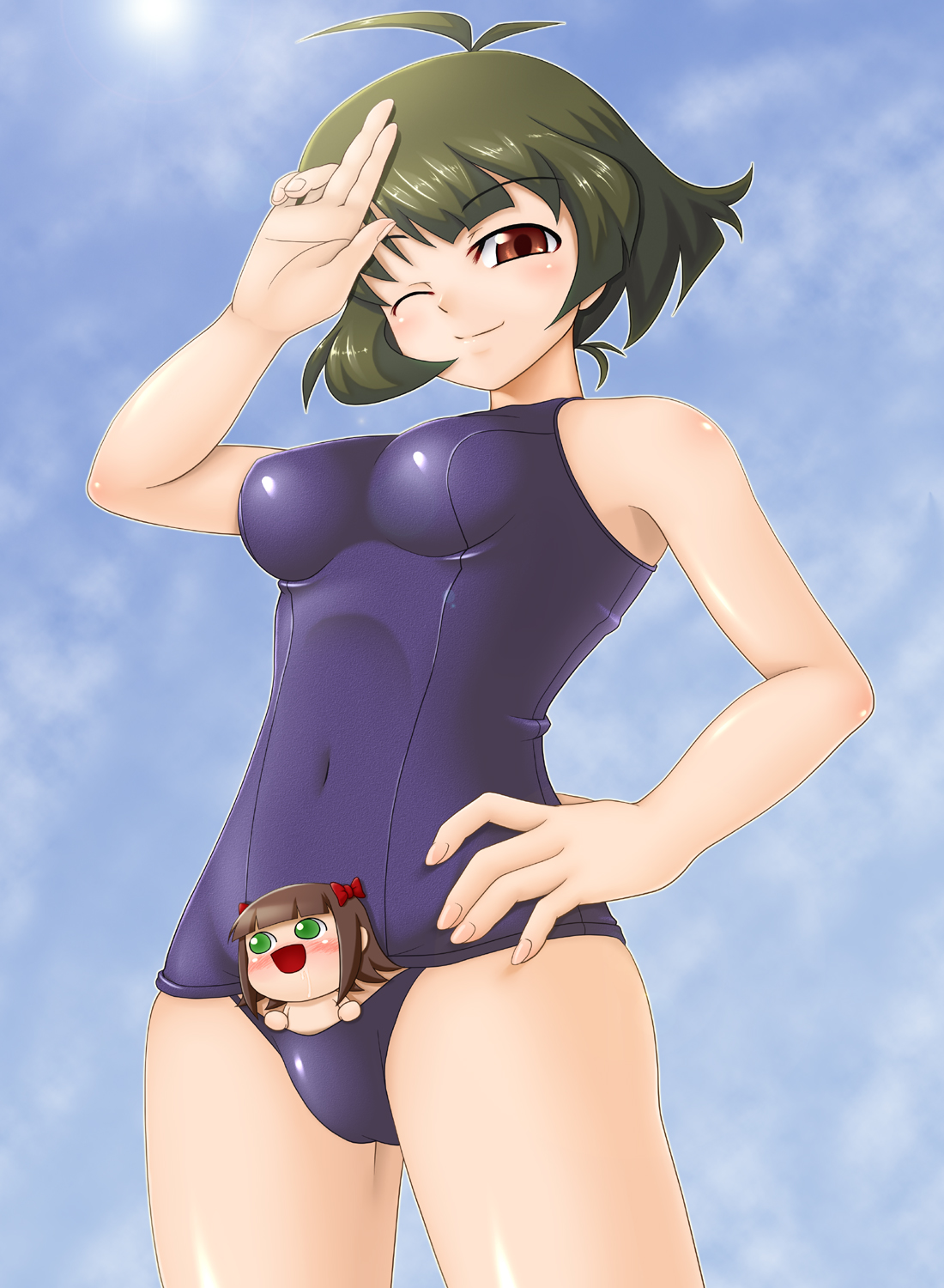 pan nehamadime, akizuki ryo, nonowa, idolmaster, idolmaster dearly stars, highres, 00s, 1boy, ahoge, blush, breasts, covered navel, hand on own hip, male focus, navel, one-piece swimsuit, one eye closed, salute, school swimsuit, school swimsuit flap, short hair, smile, solo, swimsuit, trap, wink