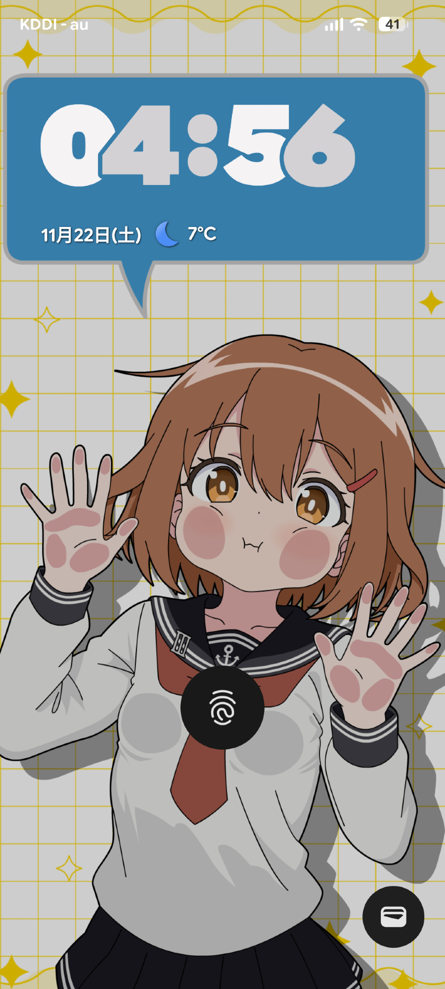 sugapi, ikazuchi (kancolle), kantai collection, highres, 1girl, against glass, black sailor collar, black skirt, brown eyes, brown hair, clock, digital clock, fake phone screenshot, fake screenshot, fingerprint, grid background, neckerchief, pleated skirt, puffy cheeks, red neckerchief, sailor collar, sailor shirt, school uniform, serafuku, shirt, short hair, skirt, solo, upper body, white shirt