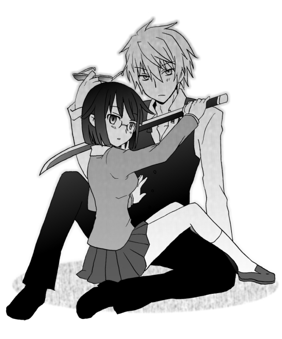 nanasaki, heiwajima shizuo, sonohara anri, durarara!!, 1boy, 1girl, bartender, glasses, greyscale, hand on another's chest, hetero, holding, holding sword, holding weapon, looking at viewer, monochrome, pants, pleated skirt, raira academy school uniform, removing eyewear, school uniform, shoes, short hair, sitting, skirt, socks, sunglasses, sword, vest, weapon, white background