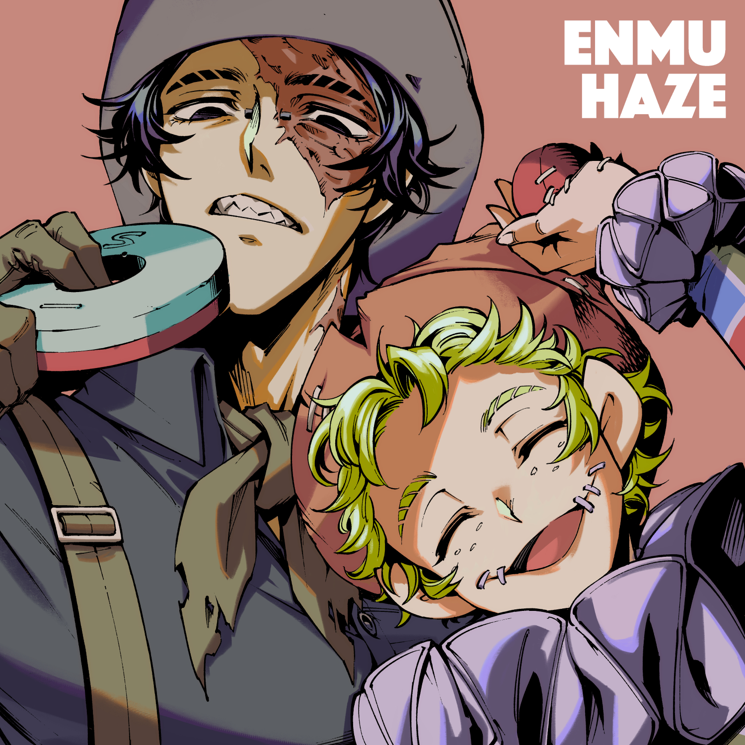 yousuke (yosk), mike morton, norton campbell, identity v, highres, 2boys, :d, ^ ^, ascot, ball, black eyes, black hair, blonde hair, bridge piercing, brown gloves, brown hat, closed eyes, downturned eyes, face piercing, freckles, gloves, green ascot, green shirt, grey hat, harlequin, hat, head tilt, height difference, holding, holding ball, looking at viewer, magnet, male focus, multiple boys, neck ruff, open mouth, piercing, portrait, scar, scar across eye, scar on face, sharp teeth, shirt, smile, stitched mouth, stitches, suspenders, teeth, yaoi