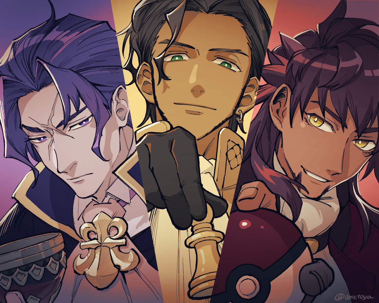 ametoya, barok van zieks, claude von riegan, claude von riegan (timeskip), leon (pokemon), ace attorney, fire emblem, fire emblem: three houses, nintendo, pokemon, pokemon swsh, the great ace attorney, commentary request, 3boys, ascot, black gloves, black hair, brown eyes, chalice, chess piece, closed mouth, crossover, cup, earrings, gloves, green eyes, holding, holding cup, jewelry, male focus, multiple boys, multiple crossover, pawn (chess), poke ball, poke ball (basic), purple eyes, purple hair, scar, scar on face, short hair, split screen, white ascot, yellow eyes