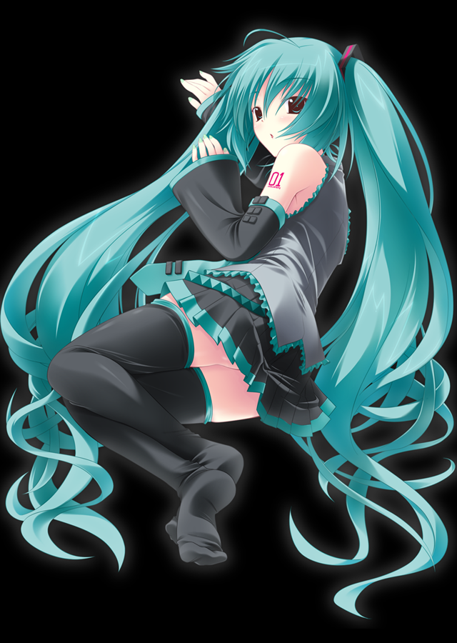 amino, amino kohaku, hatsune miku, vocaloid, 1girl, aqua eyes, aqua hair, aqua nails, detached sleeves, female focus, long hair, lying, nail polish, necktie, on side, simple background, skirt, solo, thighhighs, twintails, very long hair, zettai ryouiki
