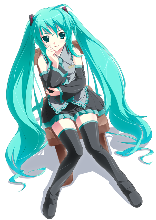 amino, amino kohaku, hatsune miku, vocaloid, 1girl, aqua eyes, aqua hair, chair, detached sleeves, female focus, full body, long hair, necktie, simple background, sitting, solo, thighhighs, twintails, very long hair, white background, zettai ryouiki