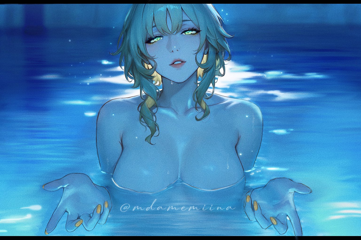 mdamemiina, aglaea (honkai: star rail), chainsaw man, honkai: star rail, honkai (series), commentary, english commentary, 1girl, blonde hair, breasts, completely nude, green eyes, i'll teach you everything (chainsaw man), large breasts, looking at viewer, nude, parted lips, partially submerged, pool, scene reference, short hair, twitter username, yellow nails