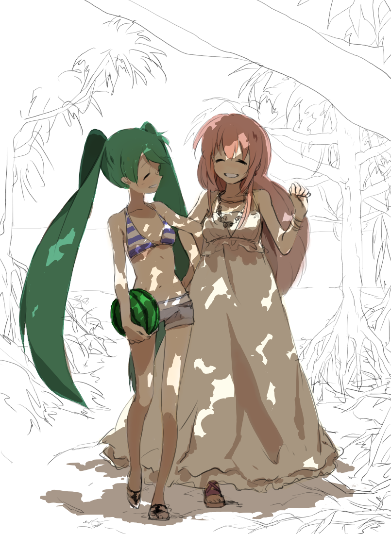 shiichikin, hatsune miku, megurine luka, vocaloid, bad id, bad pixiv id, 2girls, aqua eyes, beach, bikini, bikini top only, closed eyes, dappled sunlight, dress, food, fruit, holding, holding food, holding fruit, holding watermelon, long hair, multiple girls, pink hair, short shorts, shorts, sketch, smile, sunlight, swimsuit, twintails, very long hair, watermelon, white dress
