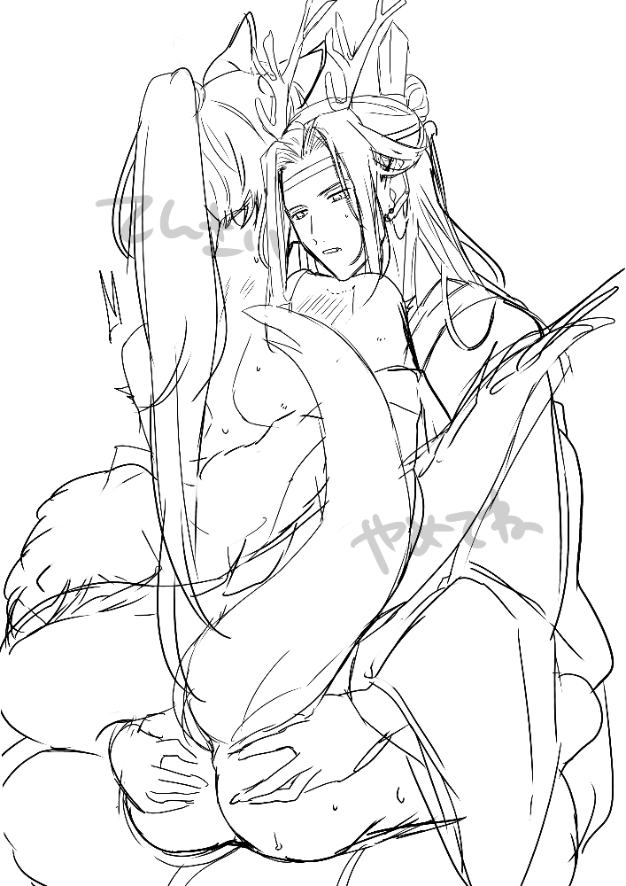 amana raika, lan wangji, wei wuxian, modao zushi, 2boys, animal ears, artist name, ass, bite mark, blush, body blush, chinese clothes, couple, dragon boy, dragon horns, dragon tail, eastern dragon horns, eastern dragon tail, fox boy, fox ears, fox tail, from behind, grabbing another's ass, greyscale, groping, hair ribbon, hands on another's ass, hanfu, headband, horns, hug, kemonomimi mode, long hair, long sleeves, looking at another, male focus, monochrome, multiple boys, nude, open mouth, parted lips, ponytail, ribbon, robe, simple background, sitting, sitting on lap, sitting on person, sketch, straddling, sweat, tail, tail bondage, topknot, watermark, white background, wide sleeves, xiao guan (headdress), yaoi