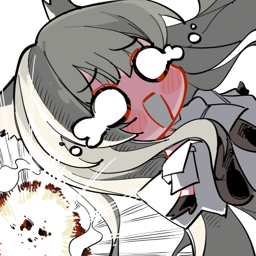 kinbakuman, perlica (arknights), arknights, arknights: endfield, lowres, 1girl, :d, animal ears, bird ears, bird girl, black gloves, blush stickers, chibi, crying, crying with eyes open, dress, emphasis lines, explosion, gloves, grey hair, jacket, long hair, off shoulder, open mouth, simple background, sleeveless, sleeveless dress, smile, solid circle eyes, solo, surprised, tears, upper body, white background, white dress, white jacket