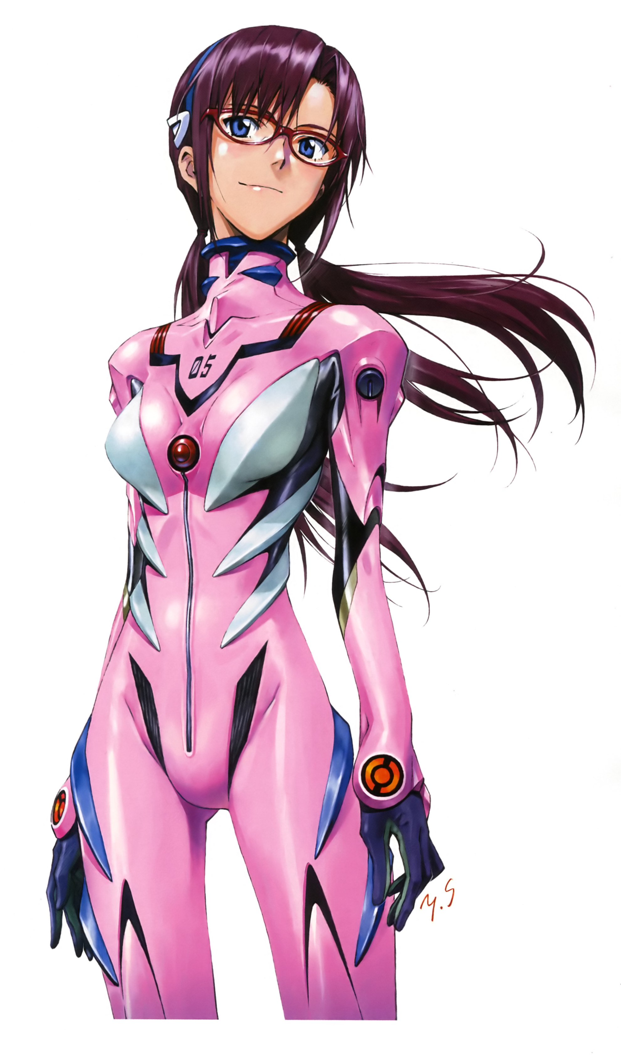 sadamoto yoshiyuki, makinami mari illustrious, evangelion: 2.0 you can (not) advance, neon genesis evangelion, rebuild of evangelion, absurdres, highres, official art, 00s, 1girl, blue eyes, breasts, female focus, glasses, hairband, mecha pilot suit, plugsuit (evangelion), purple hair, simple background, smile, solo, twintails, white background